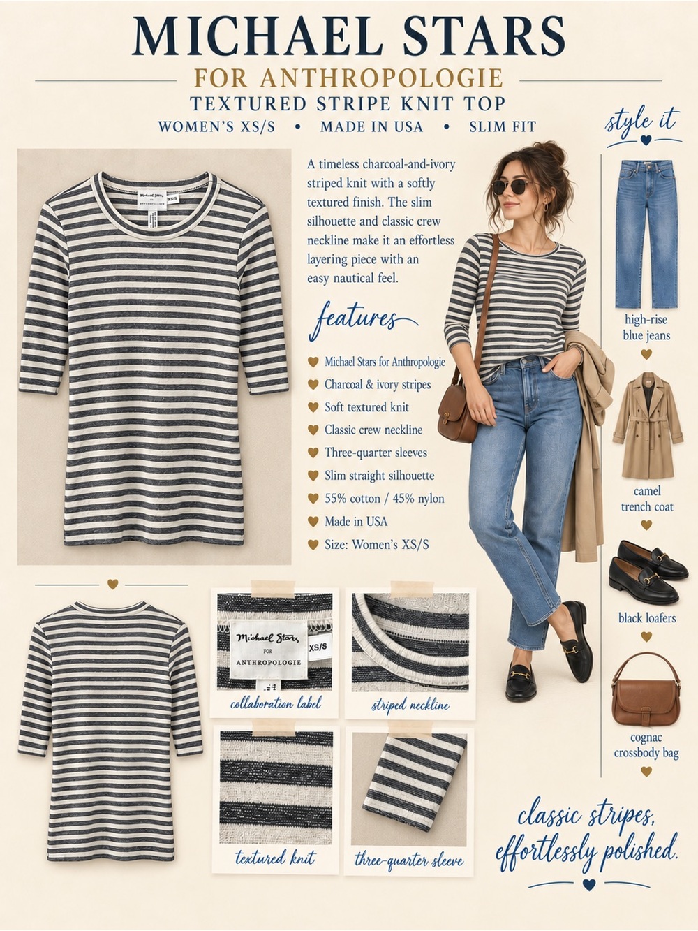 Michael Stars Black and White Striped Long Quarter Sleeved Tee